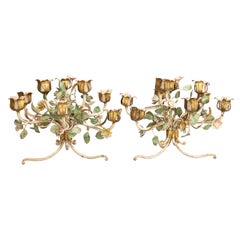 Pair of Italian Tole Floral Wildflowers Candelabras Centerpieces, circa 1950