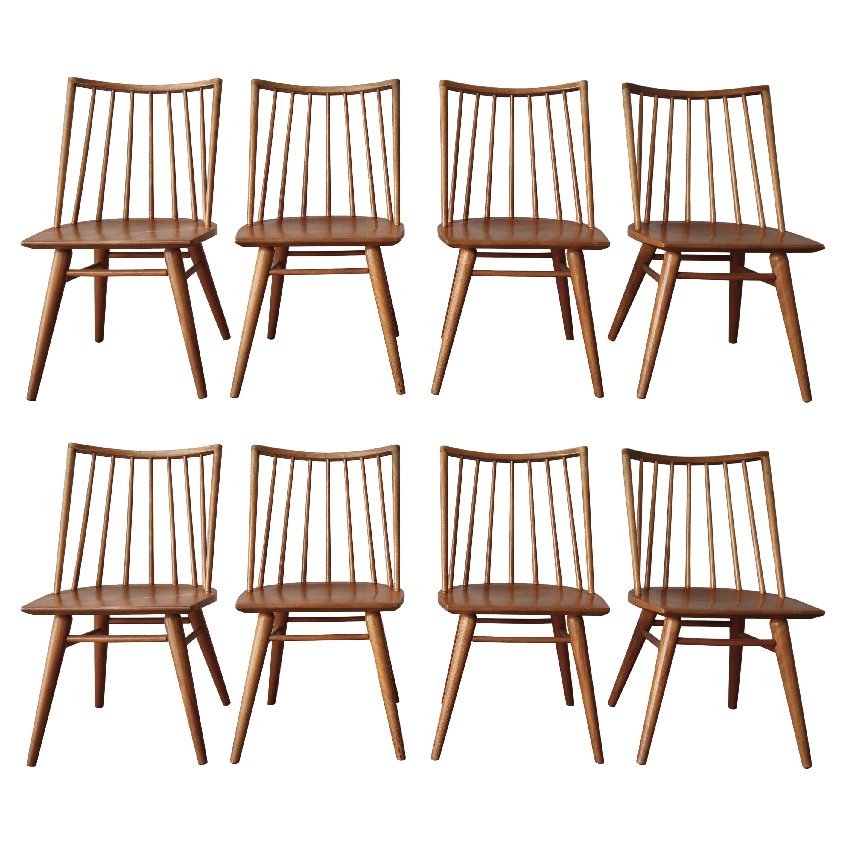 Set of 8 Minimalist Spindle Back Dining Chairs by Conant Ball