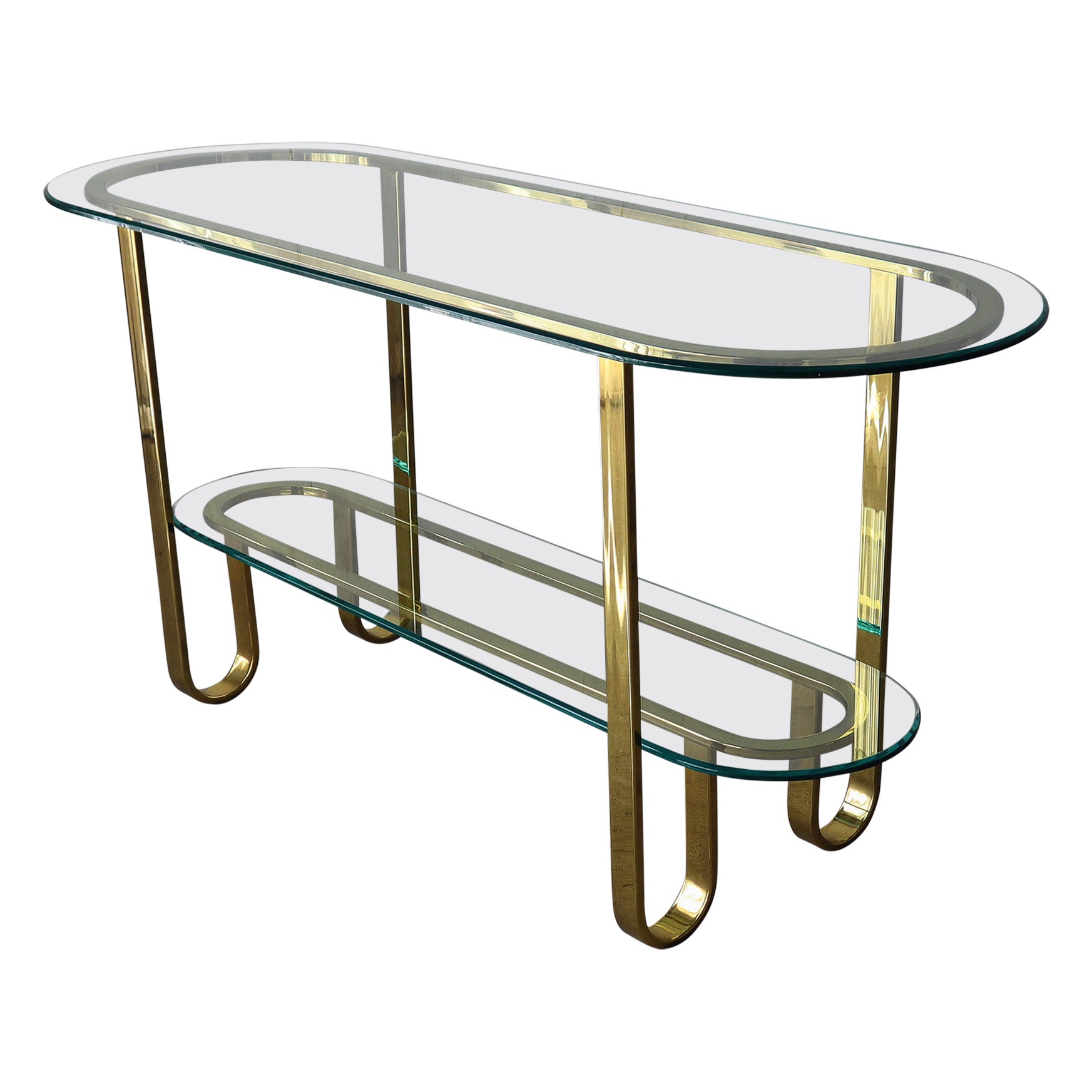 1980's Brass and Glass Racetrack Console Table Bar For Sale