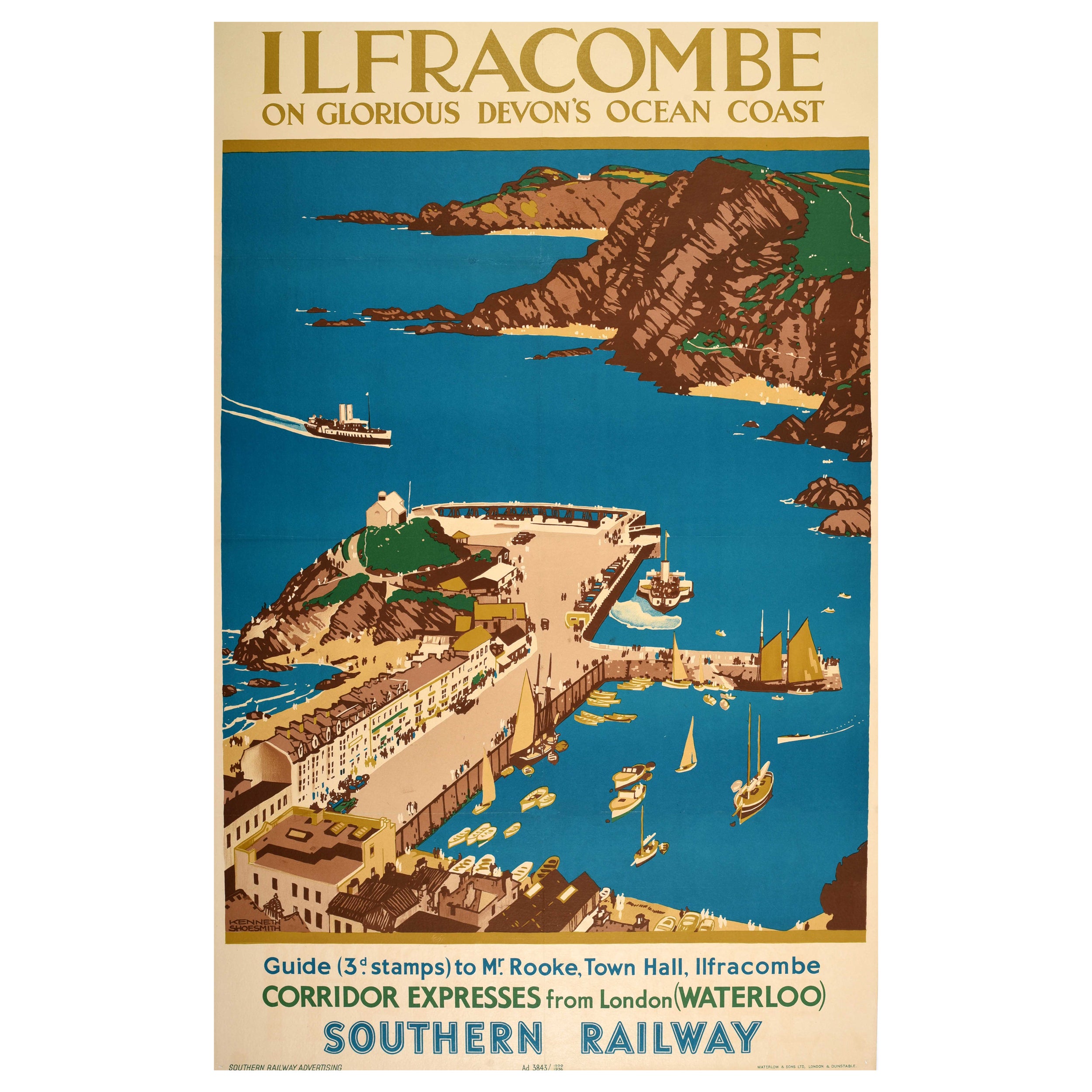 Affiche vintage originale de voyage en train Ilfracombe Southern Railway Devon Coast