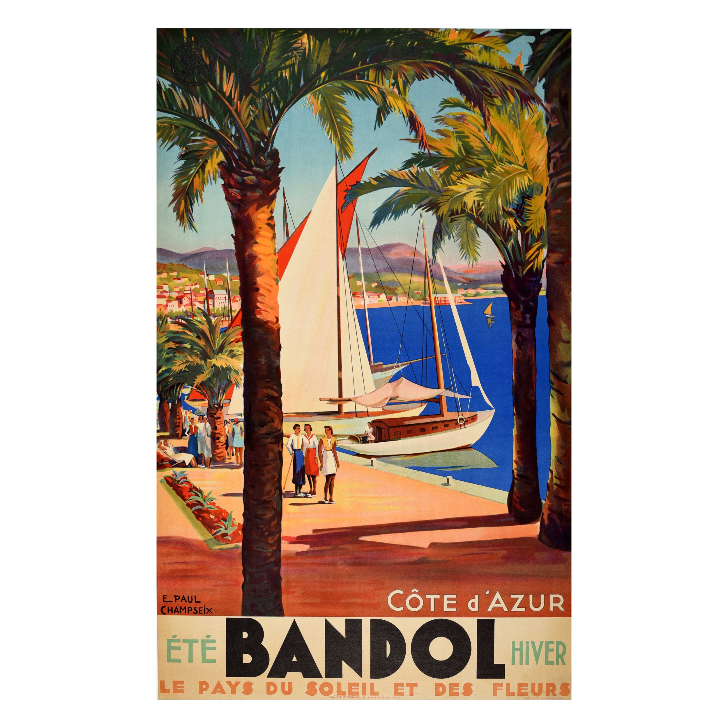 Original Vintage Travel Poster Bandol Cote d'Azur French Riviera Art Deco Design For Sale