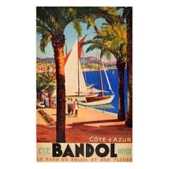 Original Vintage Travel Poster Bandol Cote d'Azur French Riviera Art Deco Design