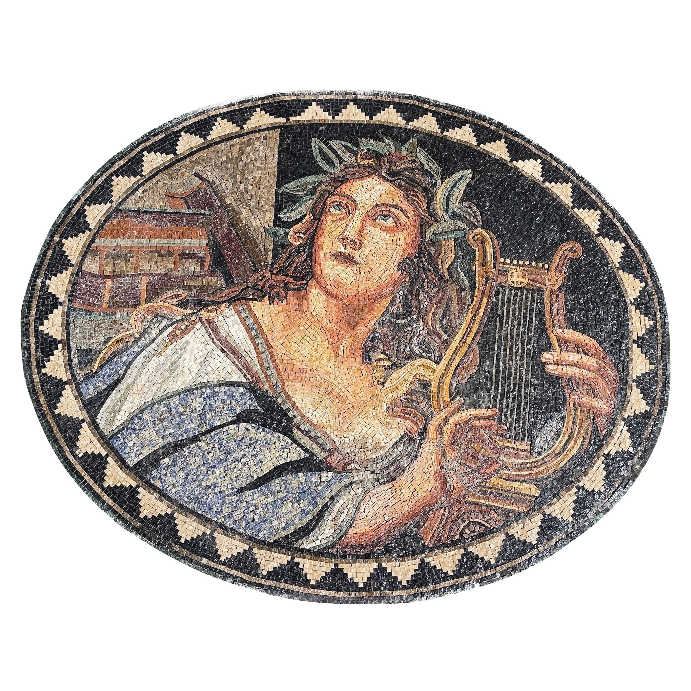 Stunning Roman Mosaic style, goddess playing the harp, circa 1950. For Sale