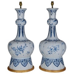 Large Pair of Blue and White 19th Century Delft Double Garlic Neck Table Lamps