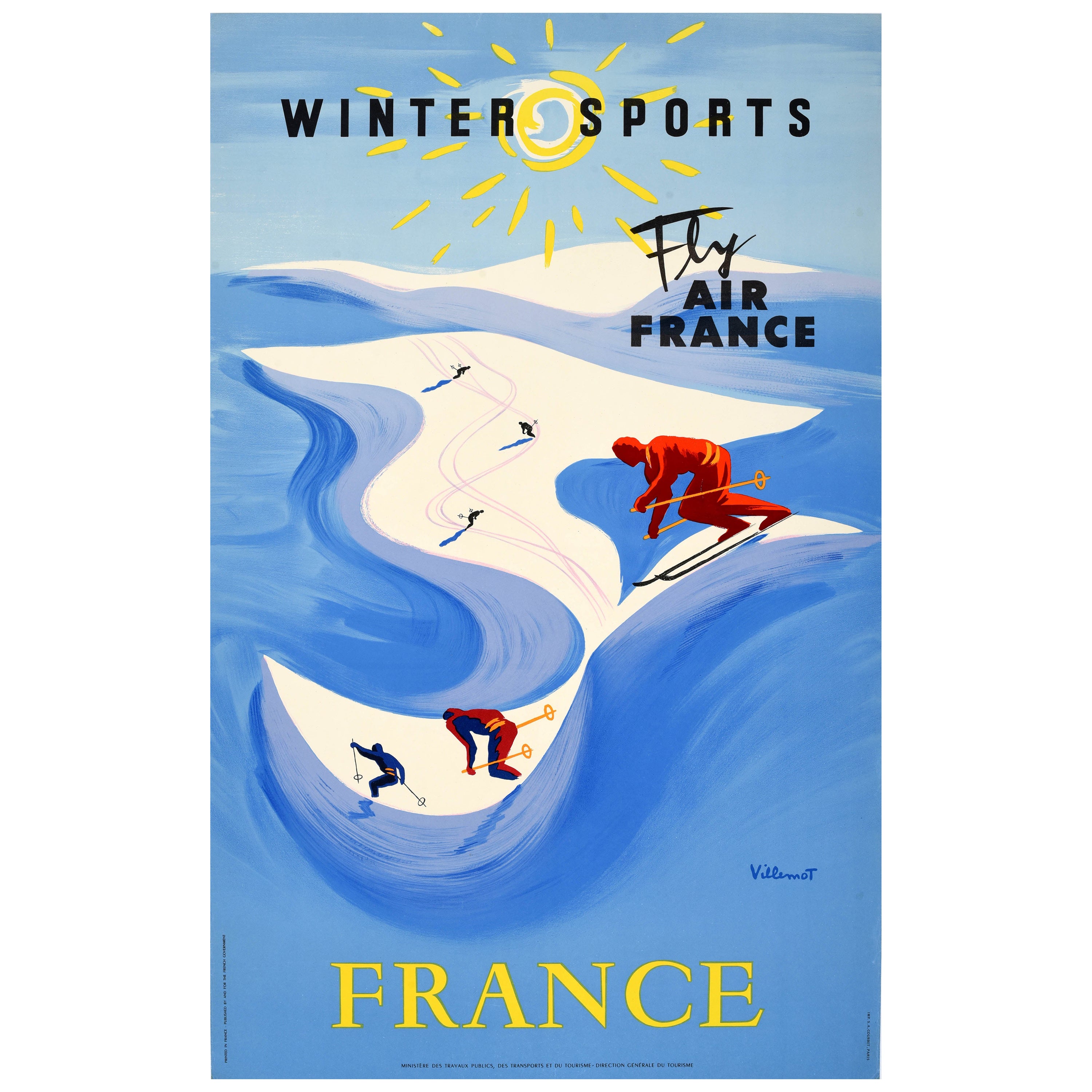 Original Vintage Ski Travel Poster Winter Sports Fly Air France Villemot Design For Sale