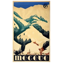 Affiche vintage originale de voyage Megeve Ski France SNCF Railways Art Alpes Design