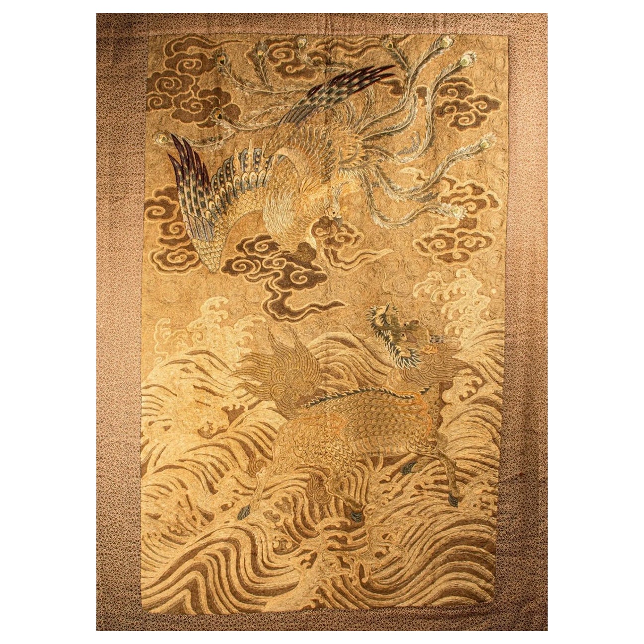 A Japanese silk tapestry with phoenix 鳳凰 and kirin 麒麟