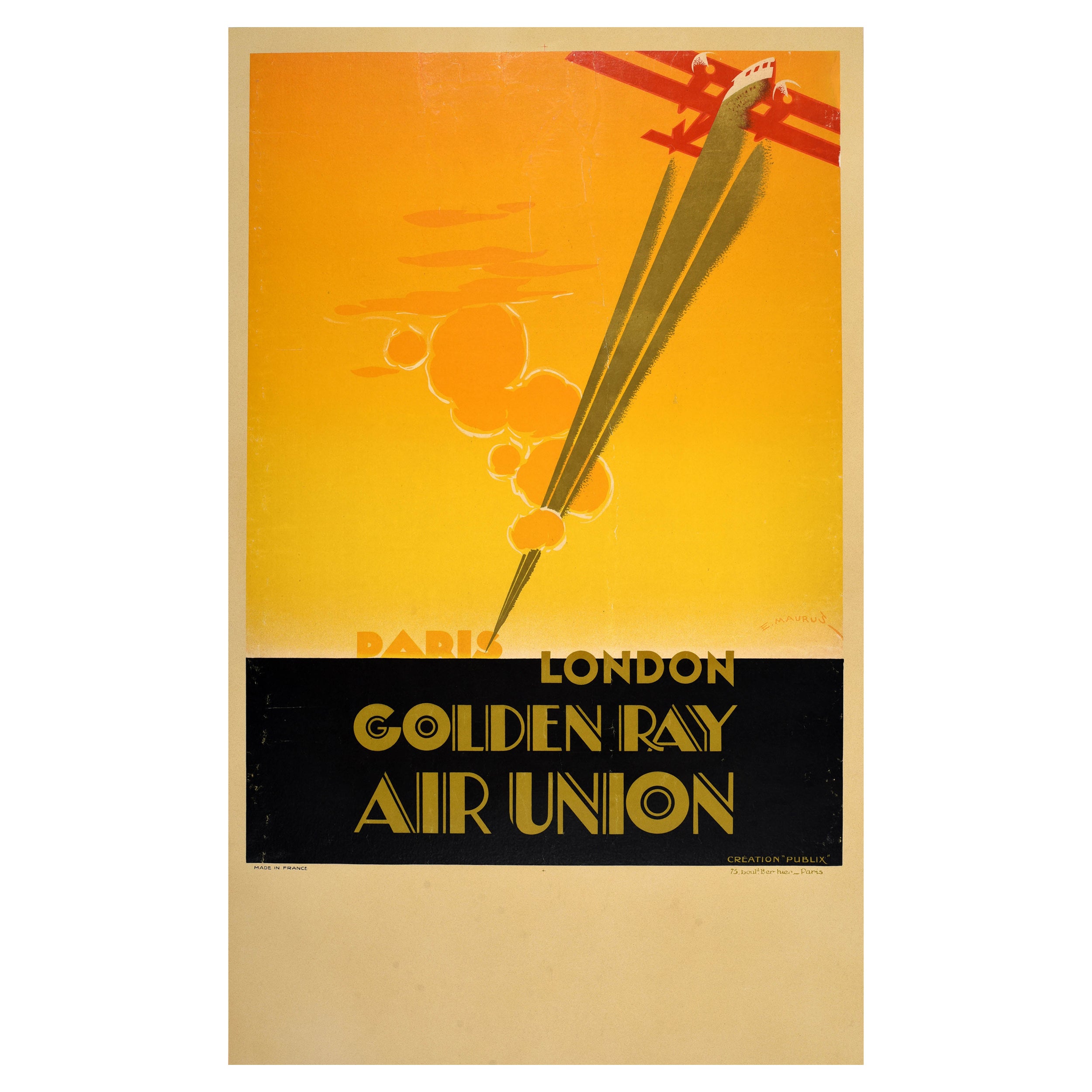Original Vintage Travel Poster Golden Ray Air Union Paris London Art Deco Design