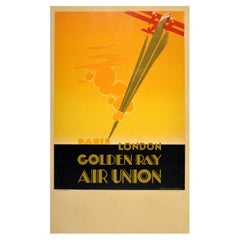 Original Used Travel Poster Golden Ray Air Union Paris London Art Deco Design