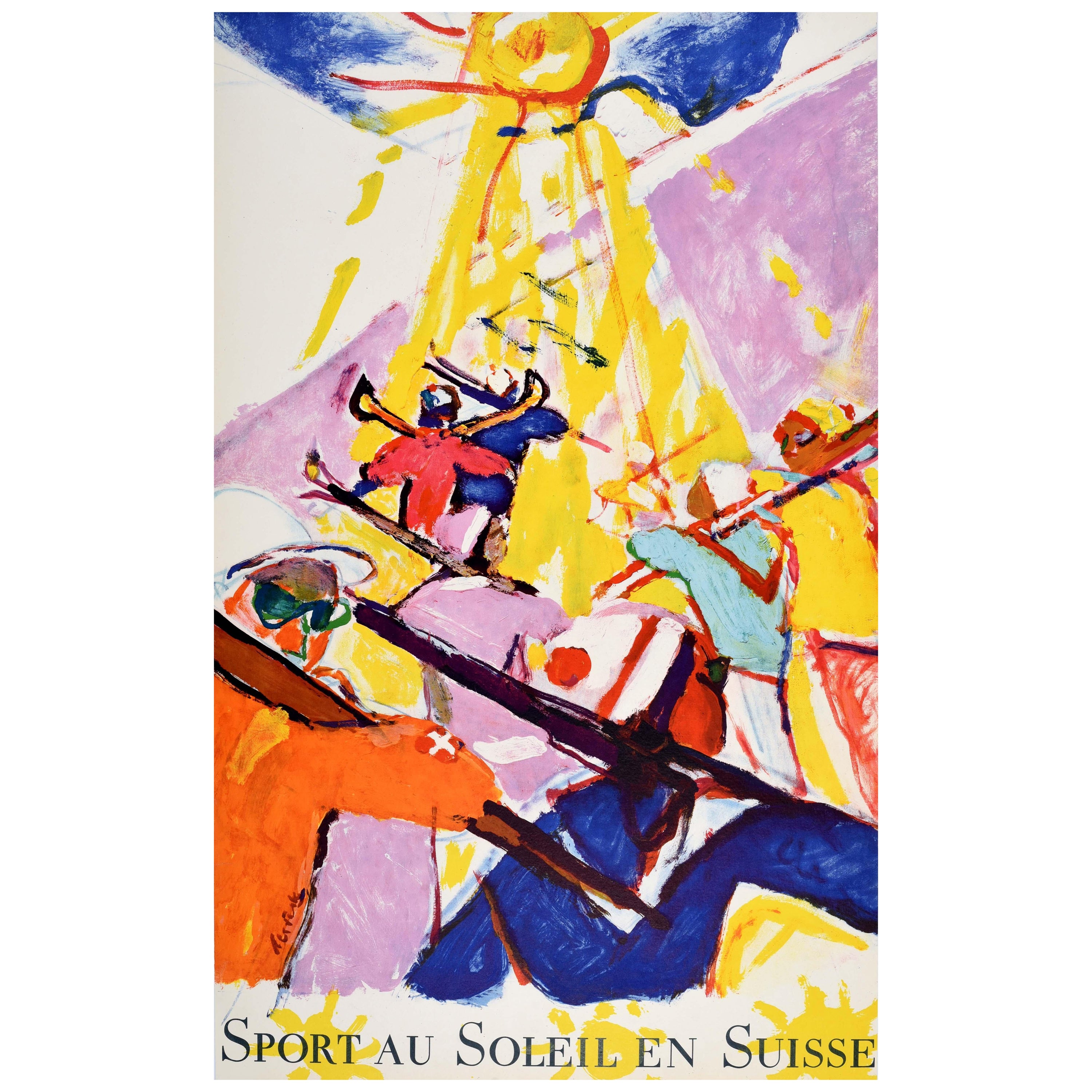 Original Vintage Poster Winter Sport Sun Ski Switzerland Hans Falk Midcentury For Sale