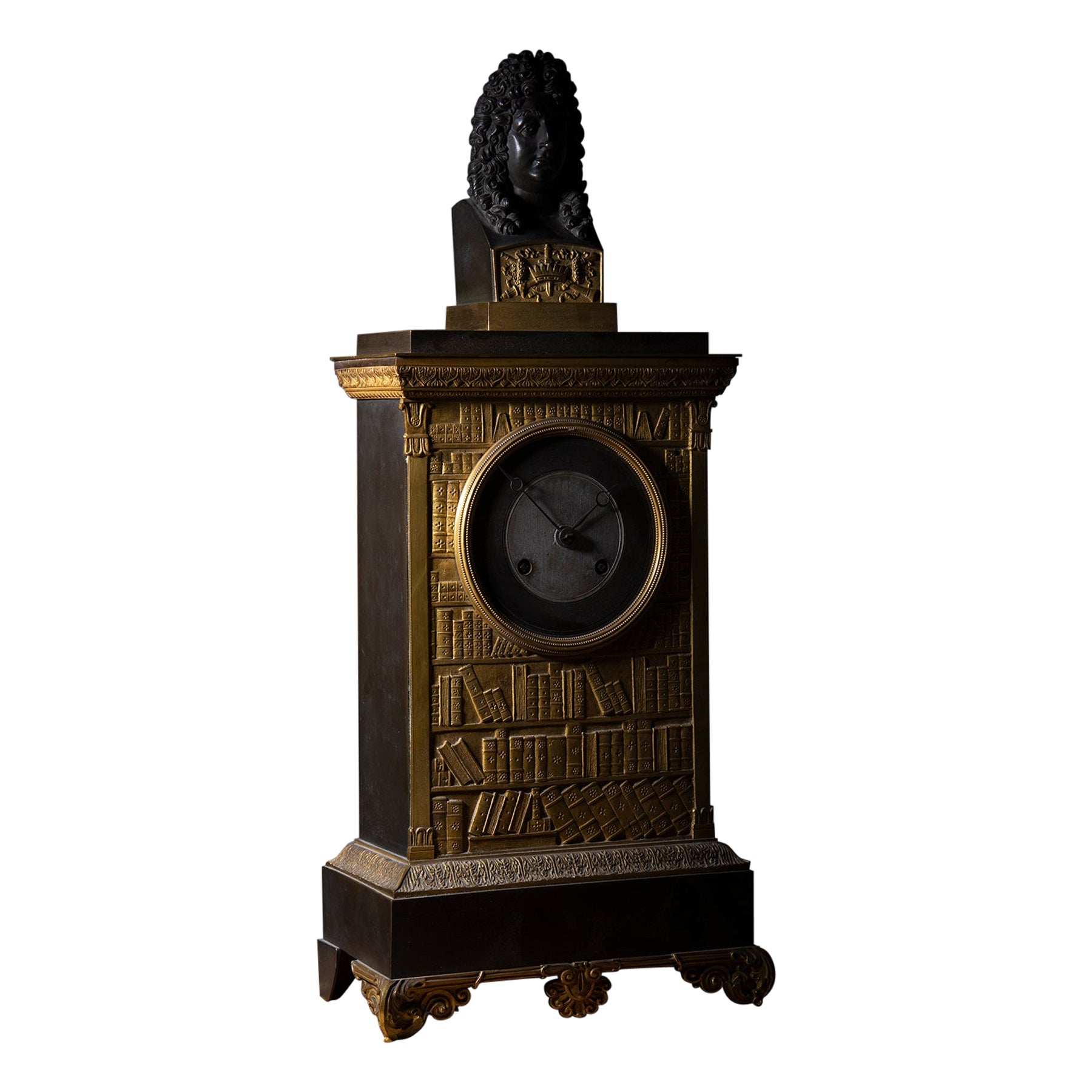 French gilt bronze Louis XIV figured antique clock with library design For Sale