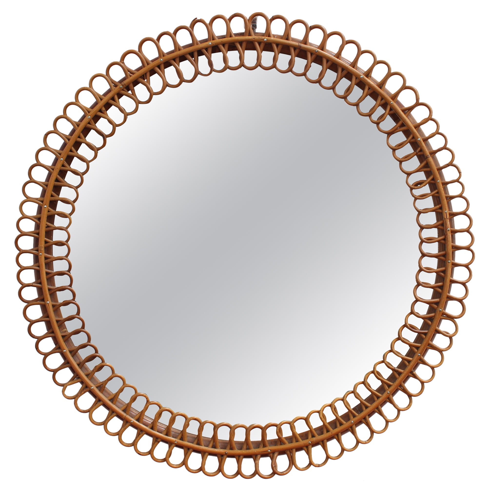 Vintage Italian Round Rattan Wall Mirror (circa 1960s)