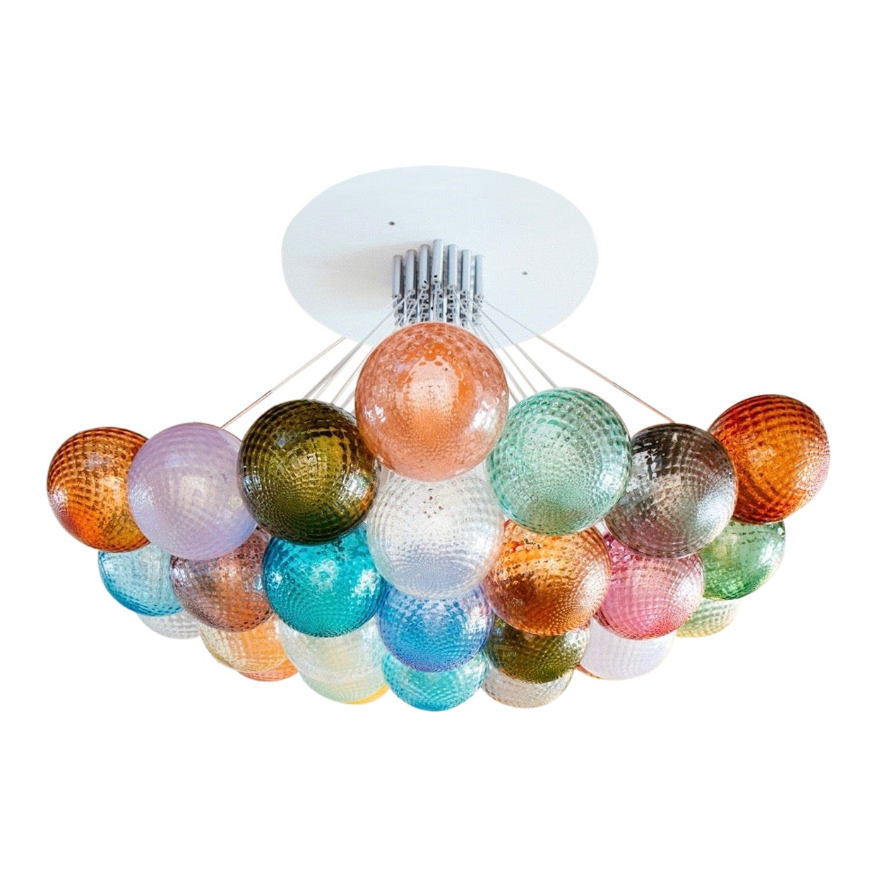 37 lights ceiling chandelier, with colored transparent Murano glass spheres For Sale