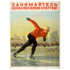 Original Vintage Soviet Union Winter Sport Poster Speed Ice Skating USSR Design