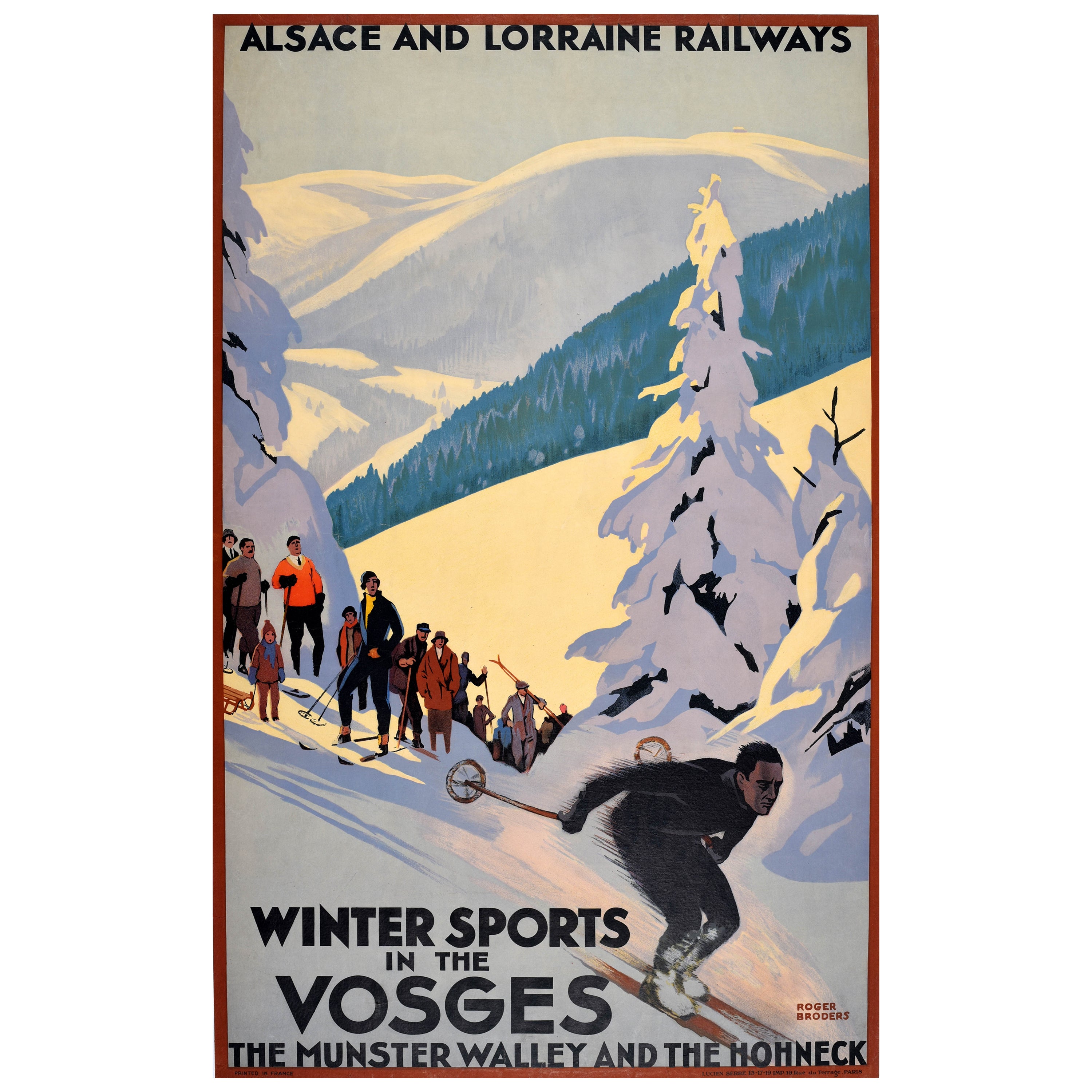 Original Vintage Ski Travel Poster Winter Sports Vosges France Roger Broders For Sale