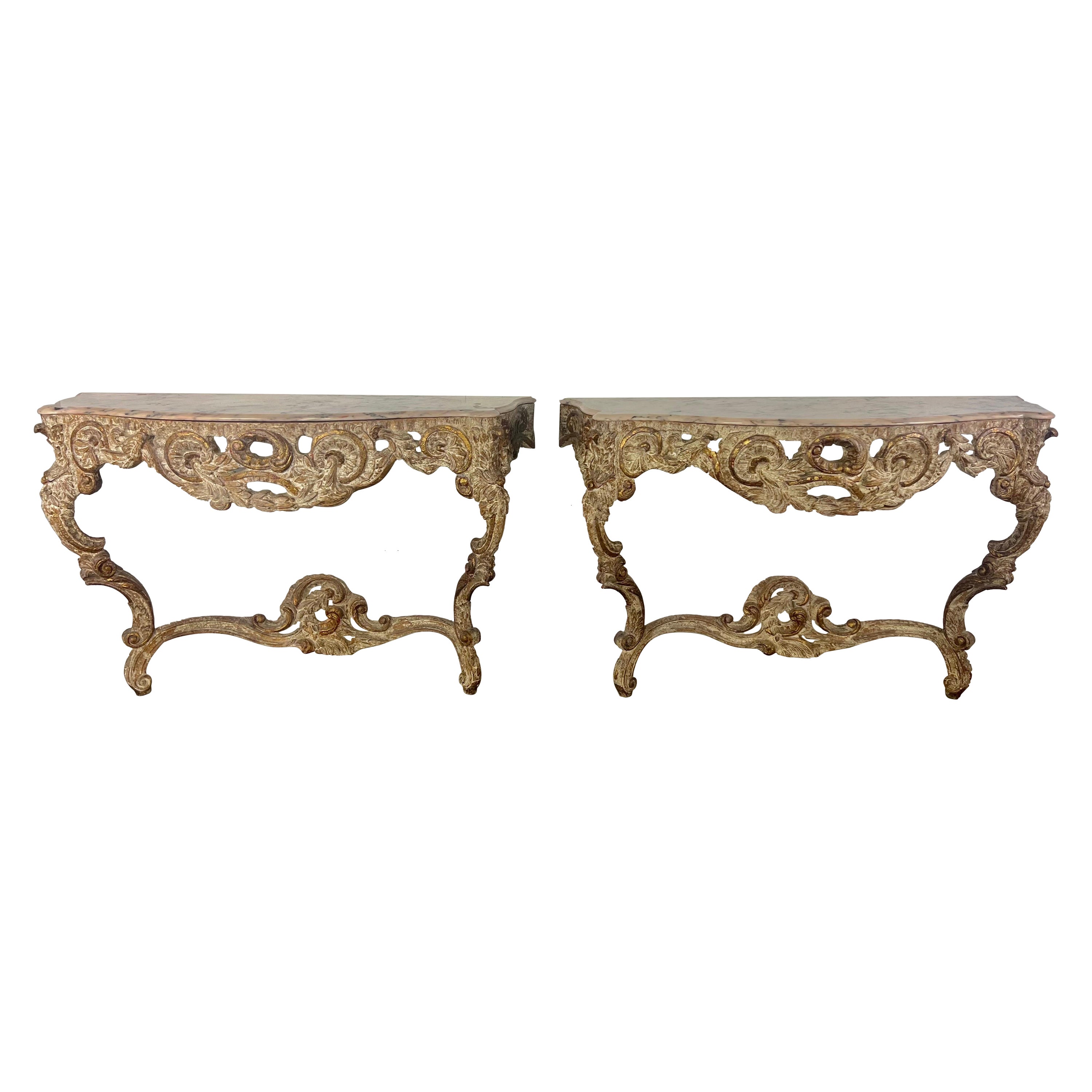 Pair of 1930's Painted French Rococo Style Consoles with Marble Tops For Sale