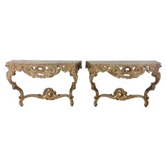 Pair of 1930's Painted French Rococo Style Consoles with Marble Tops