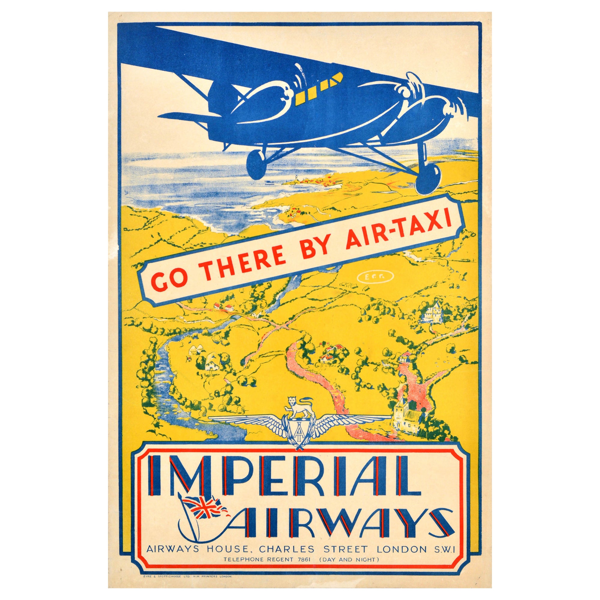 Original Vintage Travel Advertising Poster Imperial Airways Air Taxi Design For Sale