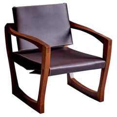 Studio Lounge Chair in Dark Brown Leather with Sculptural Walnut Base USA 1960s 