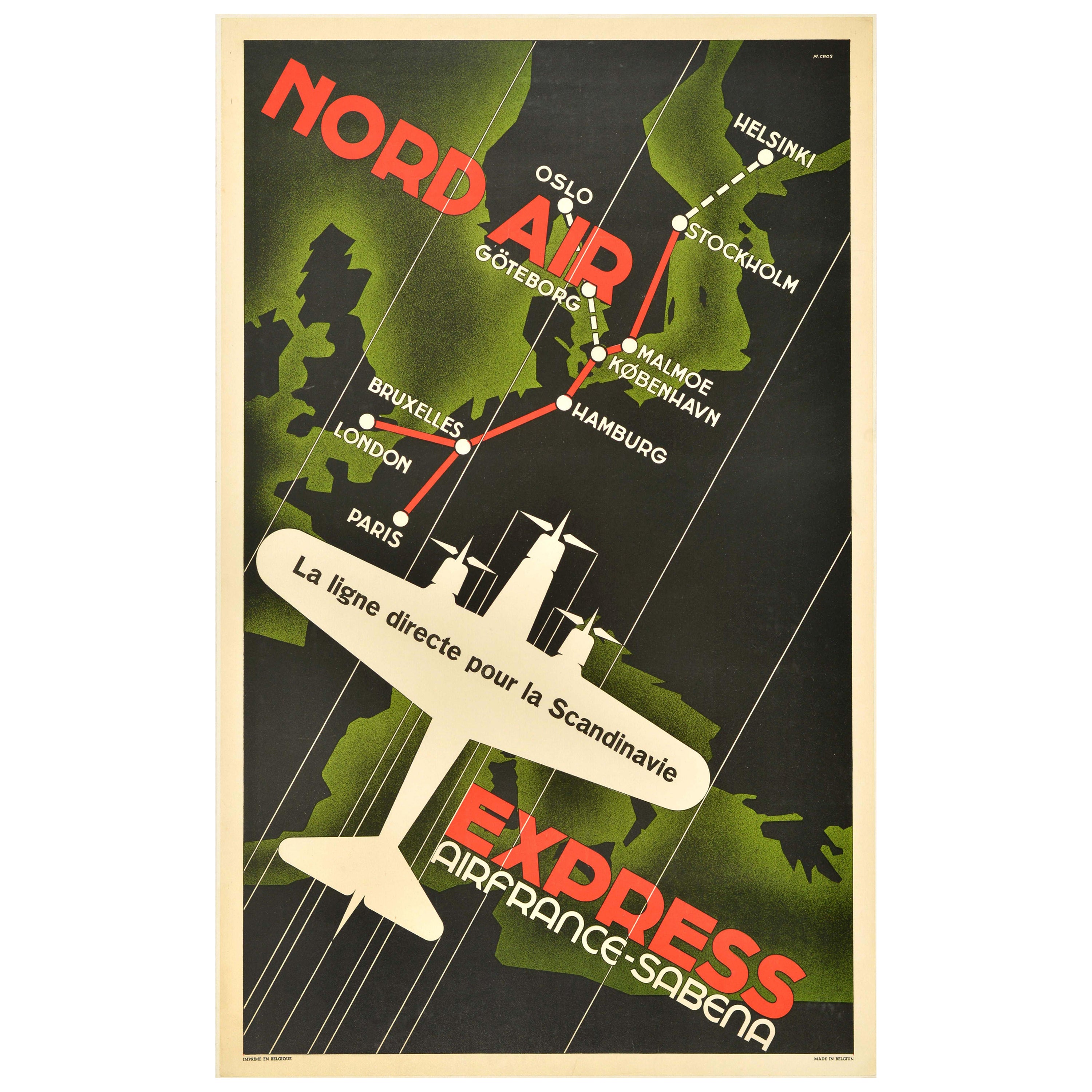 Original Vintage Travel Poster Nord Air Express Air France Sabena Art Deco For Sale