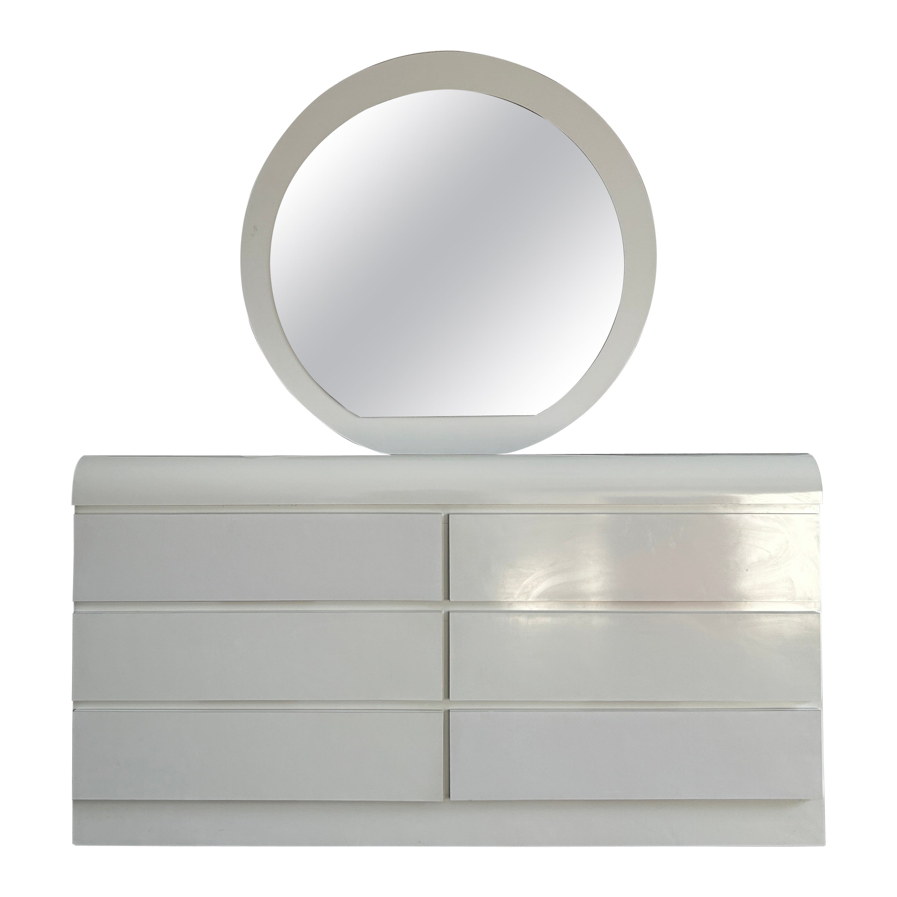 Post modern white Gloss Laminate waterfall 6 Drawer Dresser with round mirror For Sale