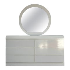 Post modern white Gloss Laminate waterfall 6 Drawer Dresser with round mirror
