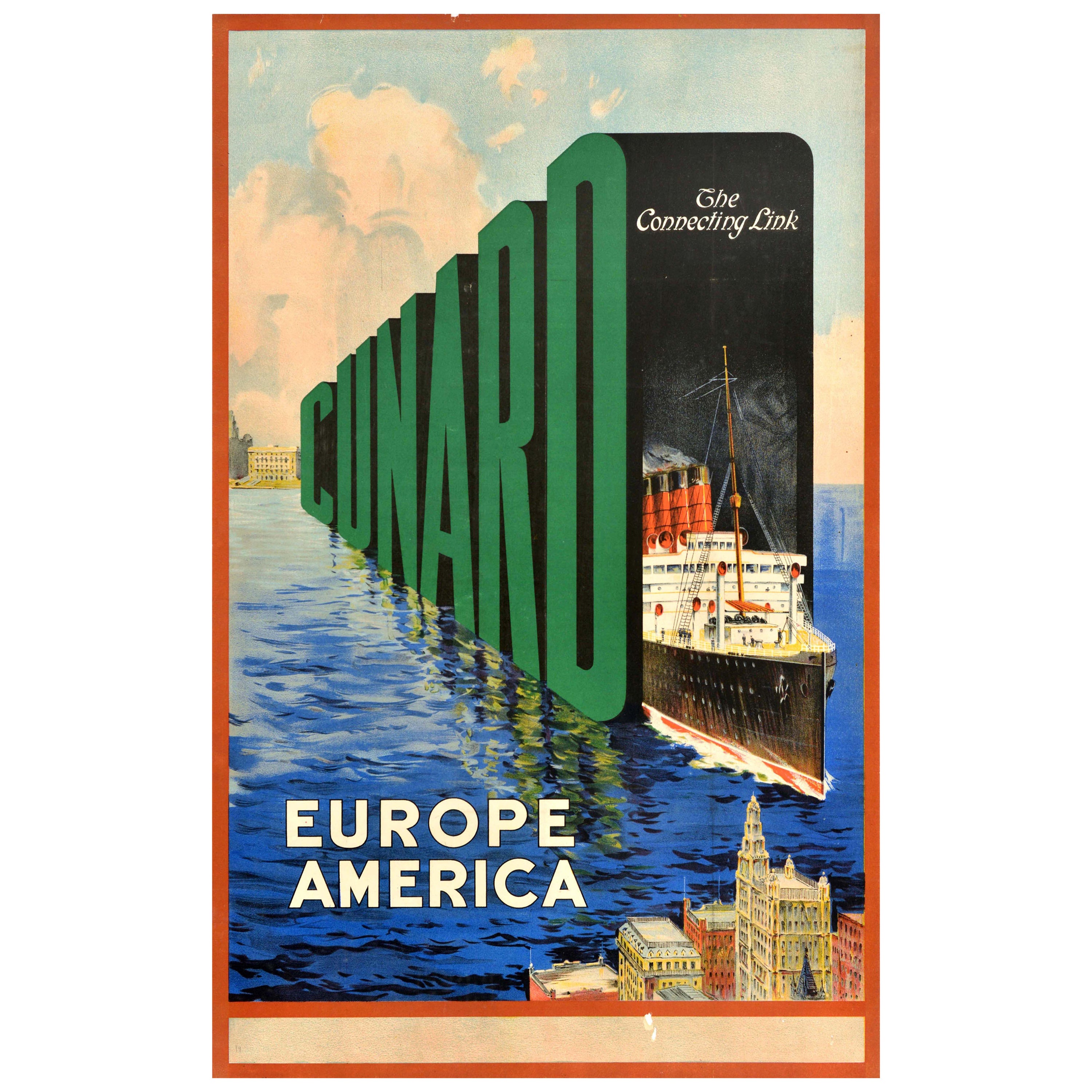 Affiche vintage originale de voyage de croisière Cunard The Connecting Link Europe Amérique