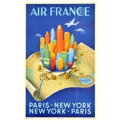 Original Vintage Travel Poster Air France Paris New York Alphonse Dehedin Design