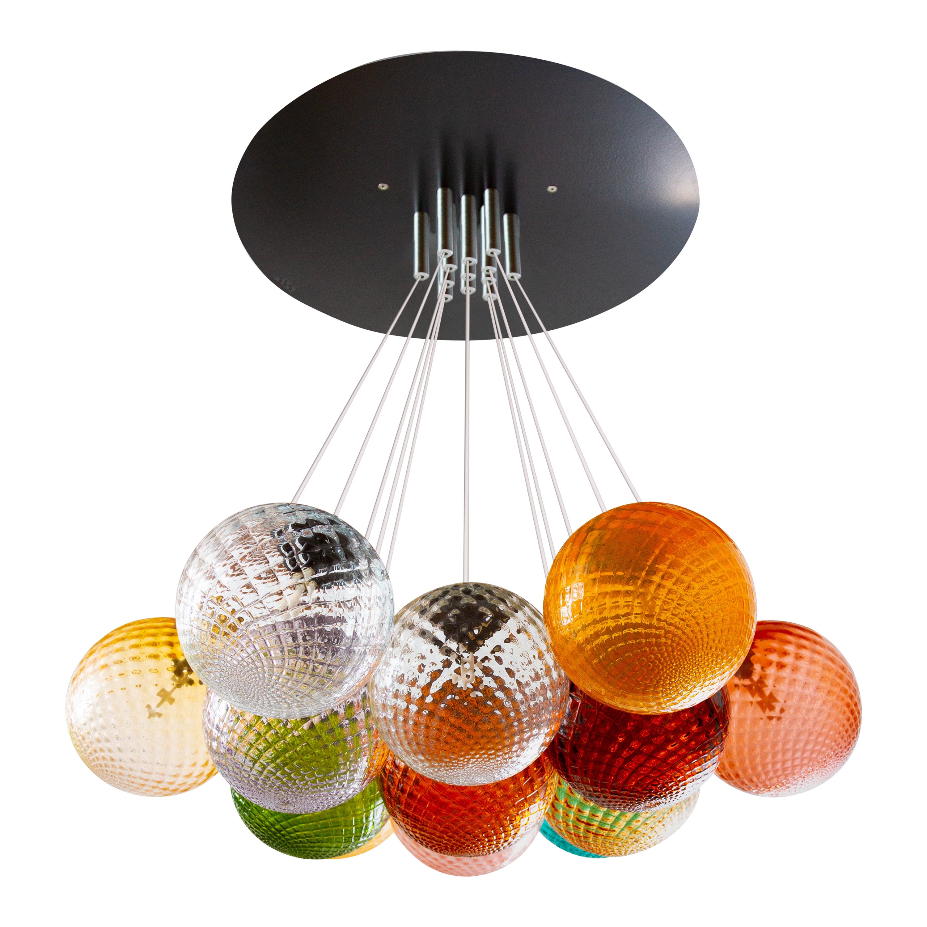 13 lights ceiling chandelier with colored transparent Murano glass spheres For Sale