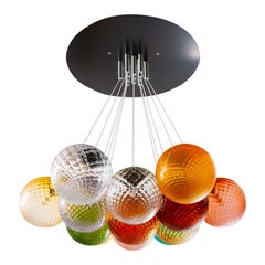 13 lights ceiling chandelier with colored transparent Murano glass spheres