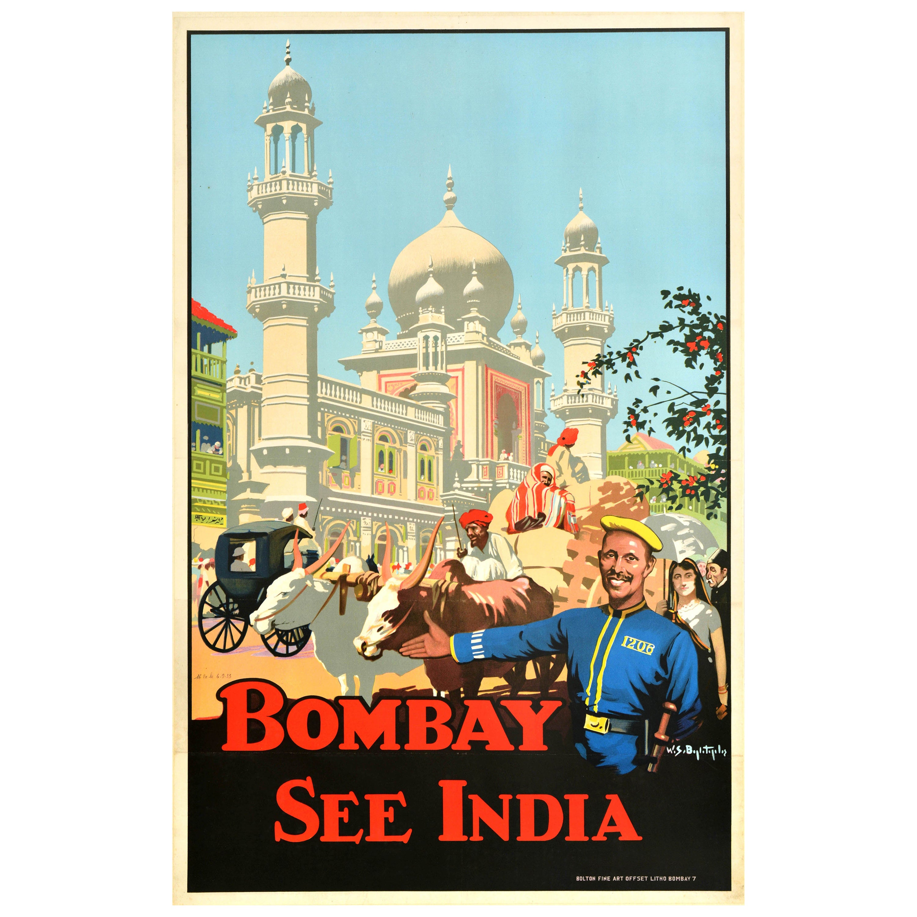 Original Vintage Travel Poster Bombay See India Mumbai Old Temple Street Design For Sale