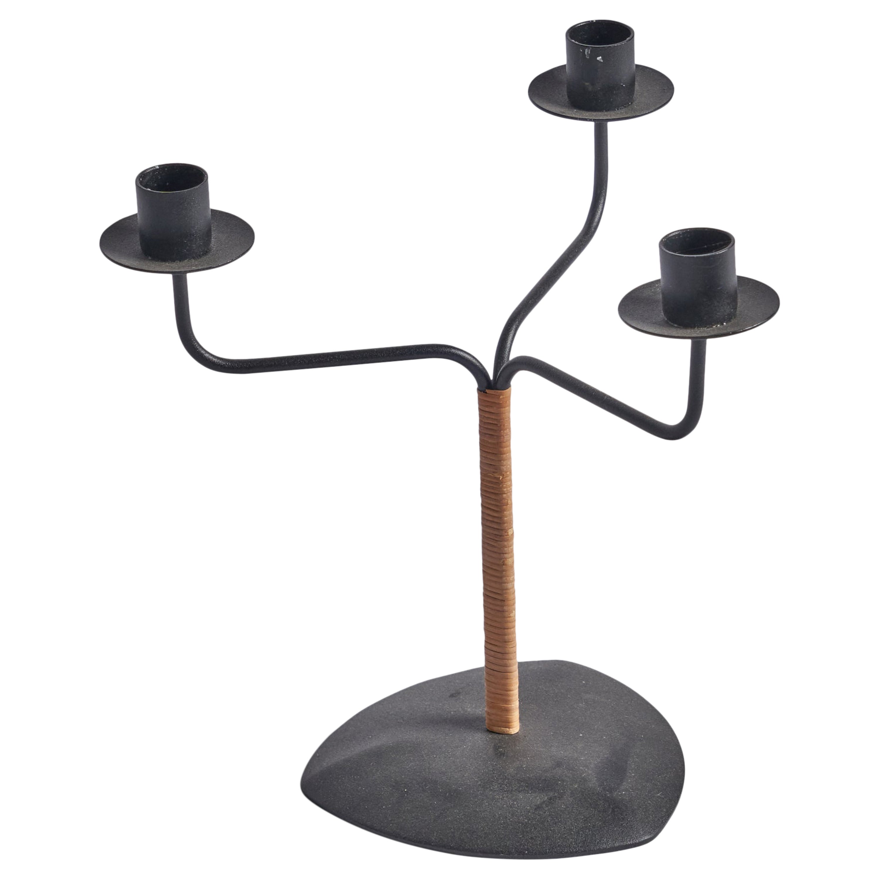 Laurids Lønborg, Candelabra, Metal, Rattan, Denmark, 1950s For Sale