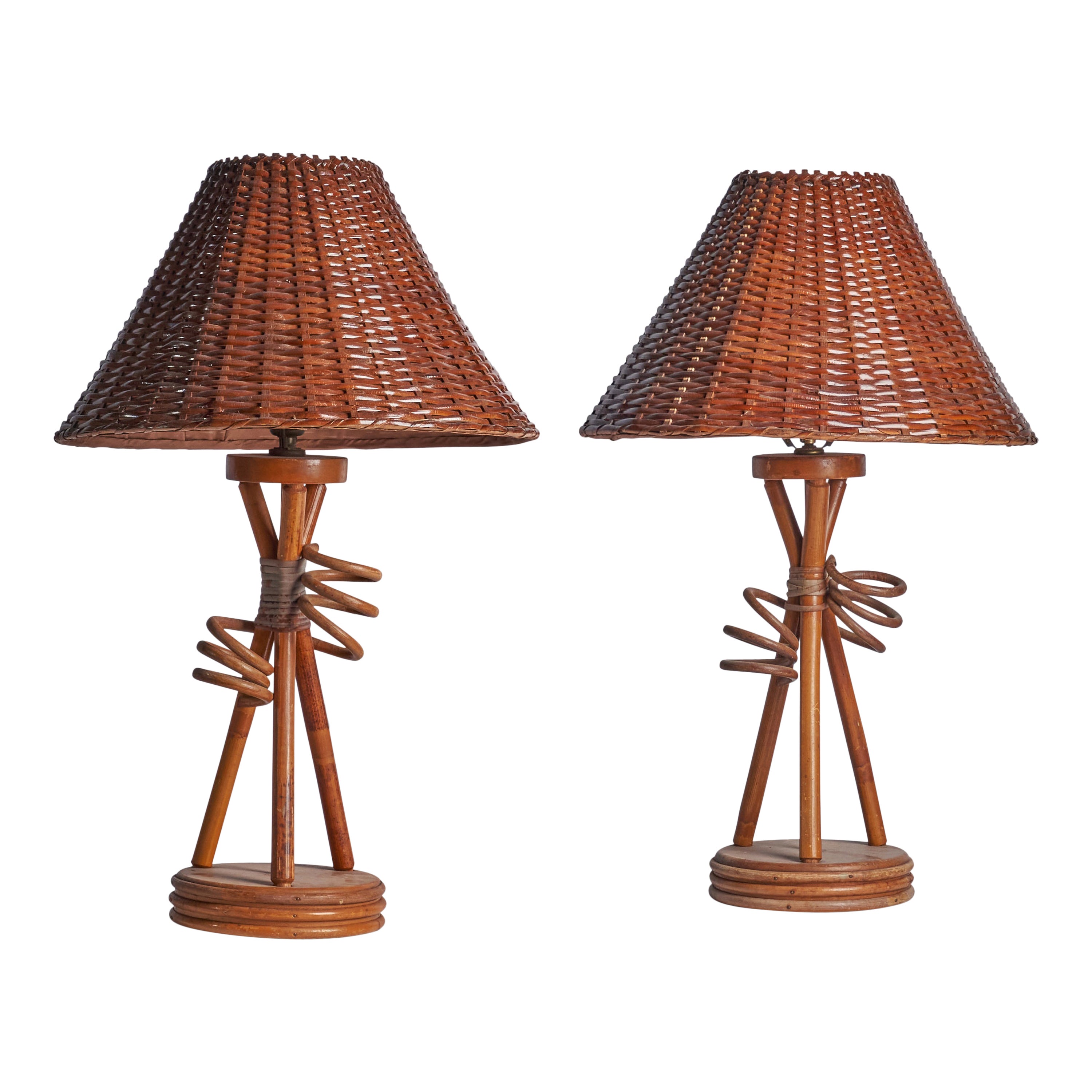 American Designer, Table Lamps, Bamboo, Rattan, USA, 1950s For Sale