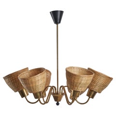 Swedish Designer, Chandelier, Brass, Metal, Rattan, Sweden, 1950s