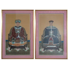 Used Pair Of Chinese Deity Colored Prints With Gilt Frames Mid 20thC