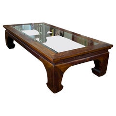 Large Chinese Qing Dynasty Period 19th Century Elm Coffee Table with Glass Top