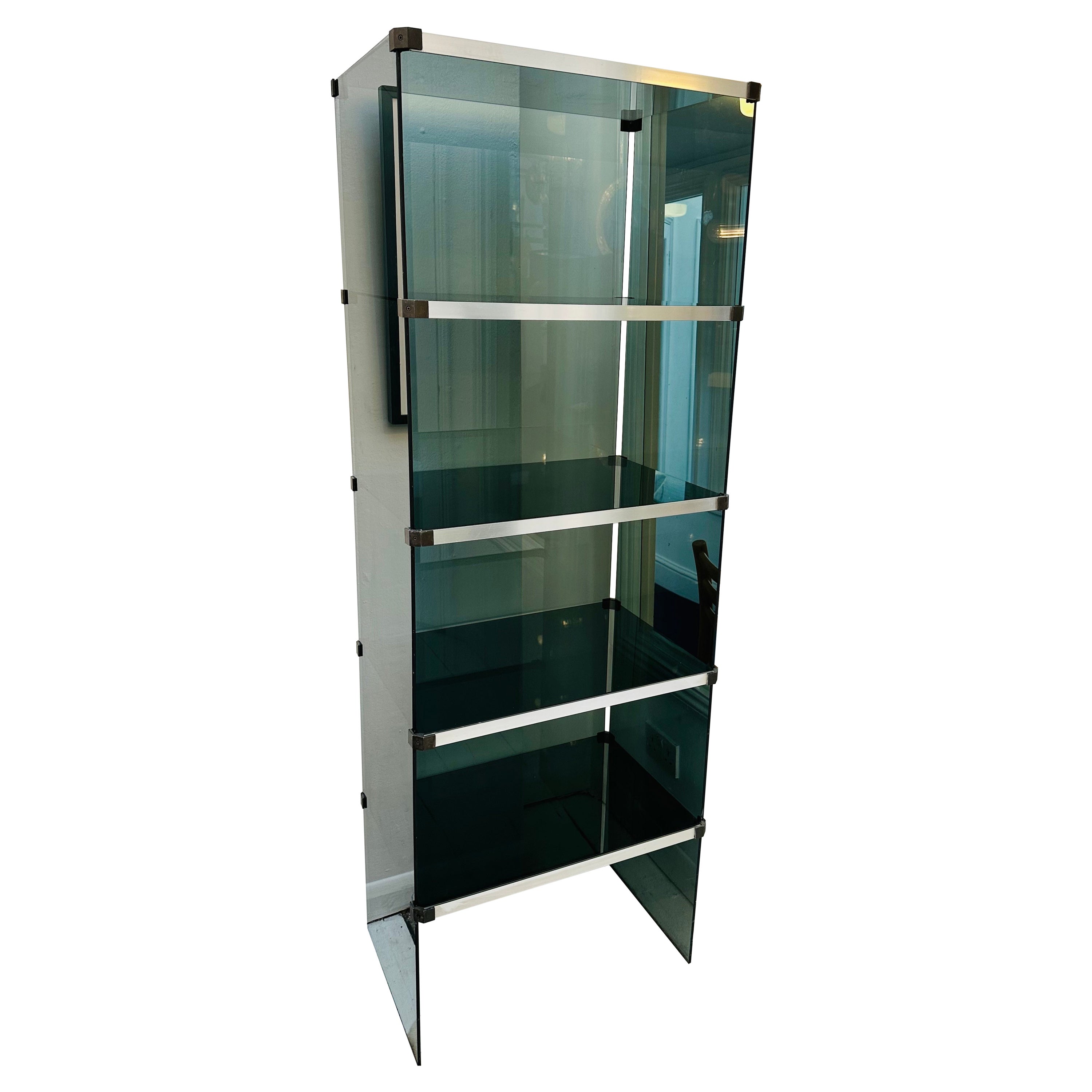 1970s Belgium Green/Blue Glass Chrome Shelving Display Cabinet Unit Belgo Chrome For Sale