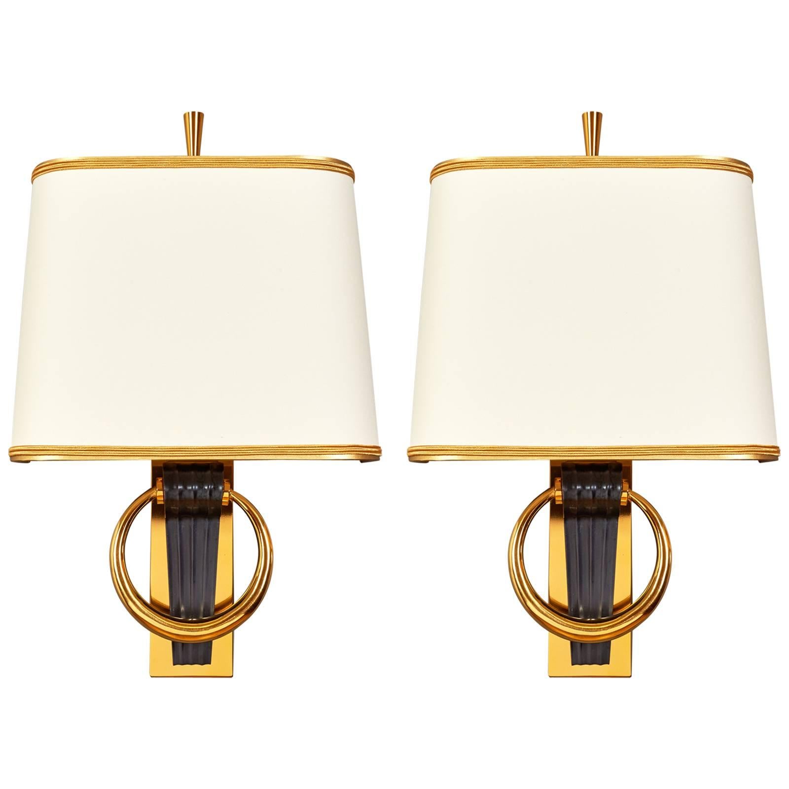 Handsome Pair of Fluted Bronze 1950s Sconces