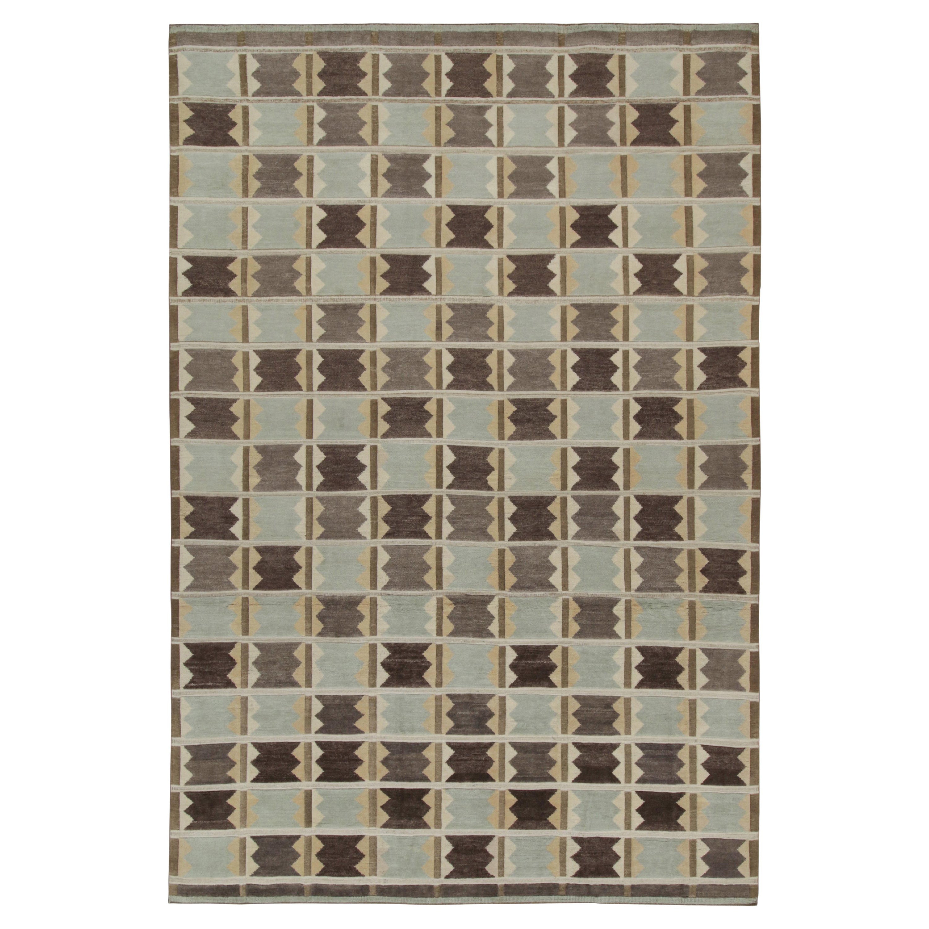 Rug & Kilim’s Scandinavian Style Rug in Taupe and Blue Geometric Patterns