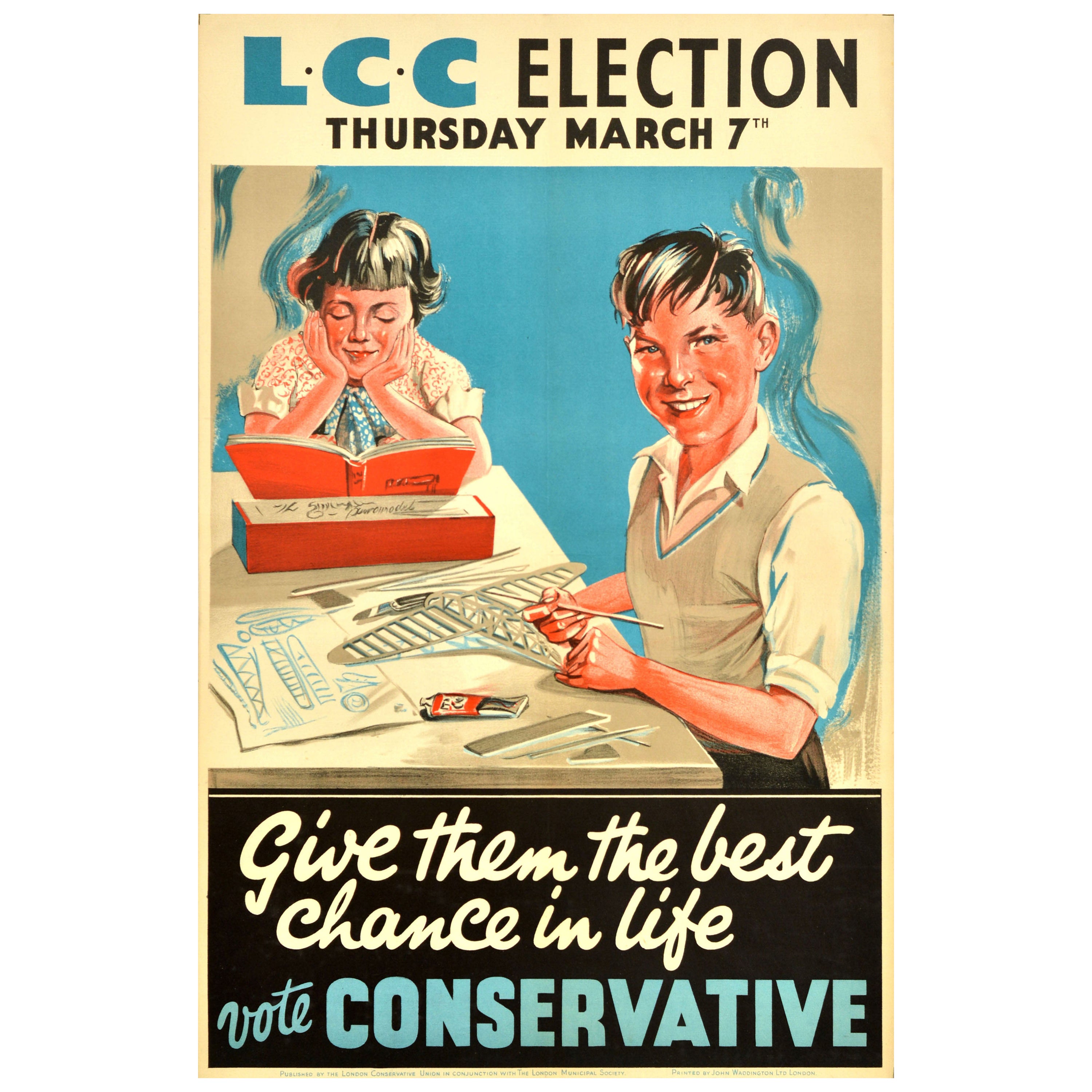 Original Vintage London County Council Poster Election Give Best Chance In Life im Angebot