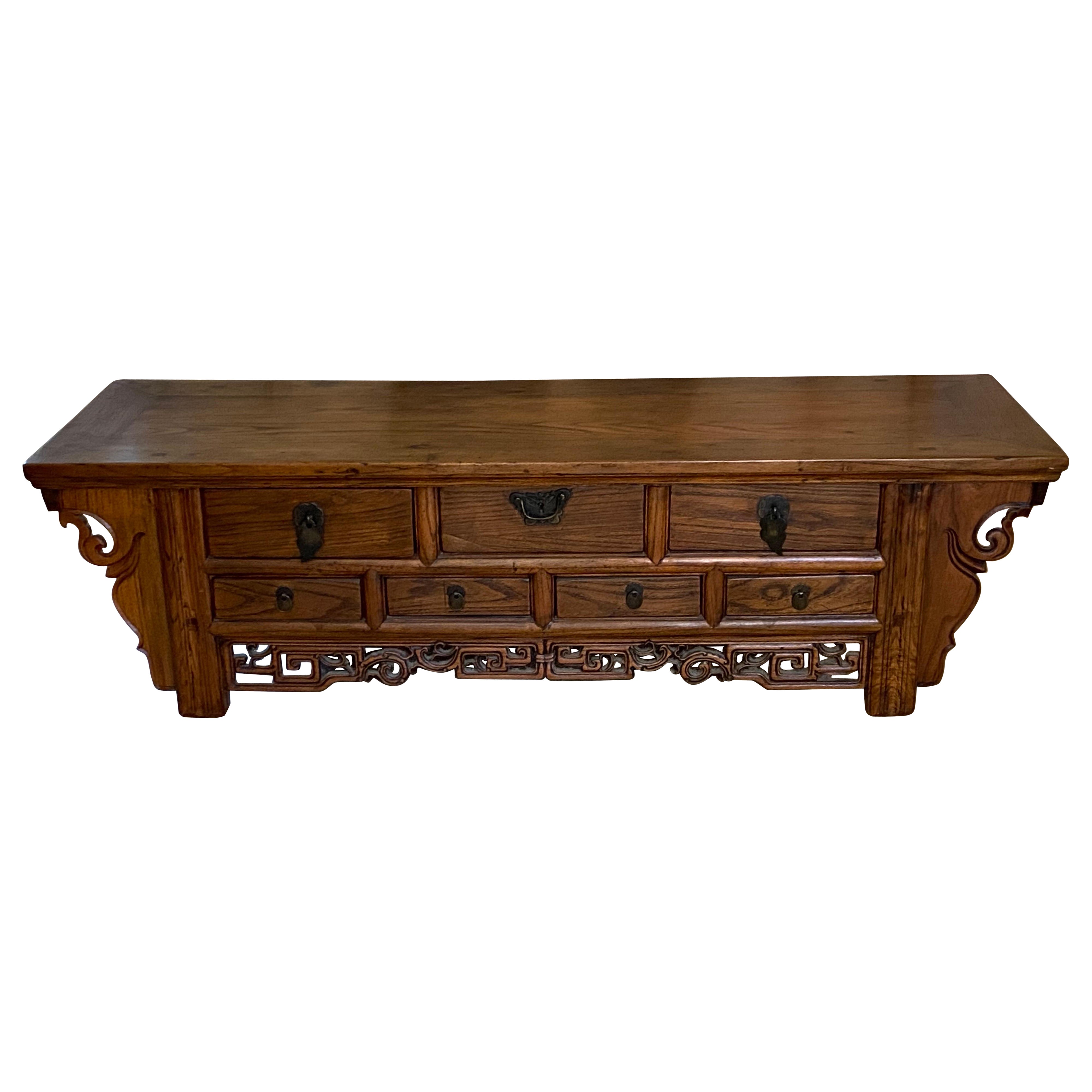 Chinese Elmwood Seven Drawer Low Altar Coffee Table For Sale