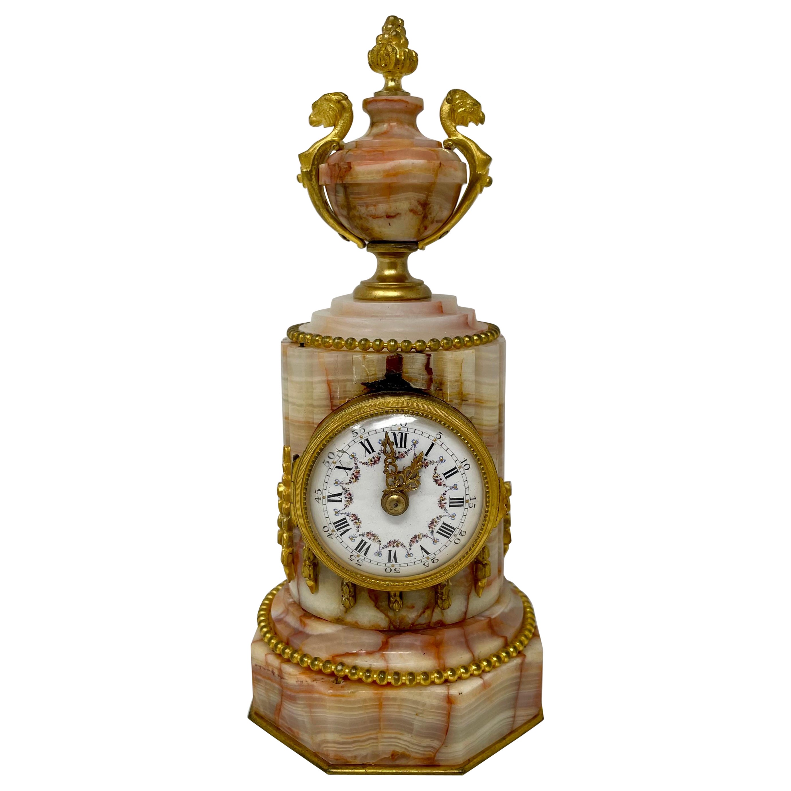 Antique French Miniature Marble & Gold Bronze Column Clock, Circa 1890.