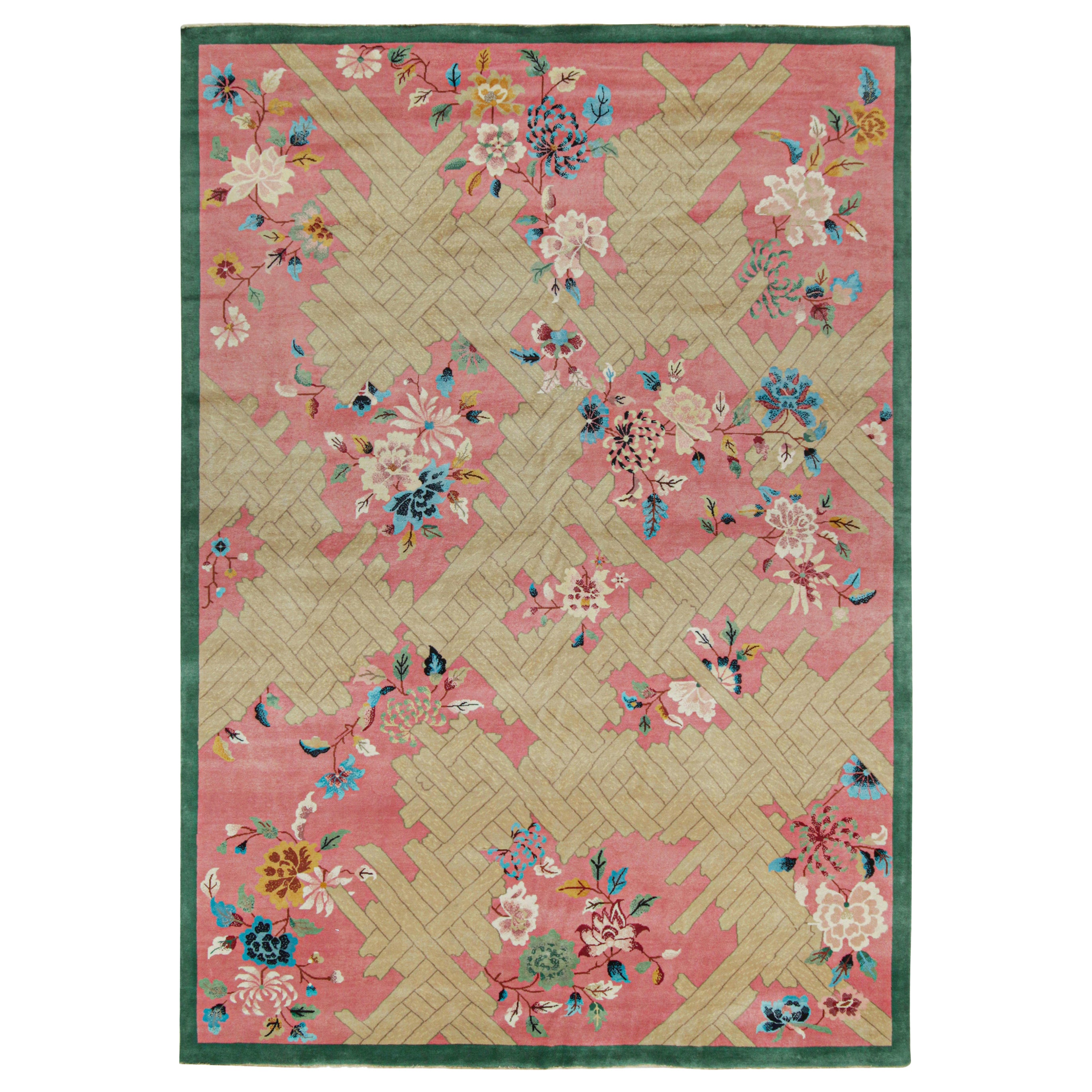 Rug & Kilim's Chinese Art Deco Style Rug in Pink and Beige with Floral Pattern For Sale