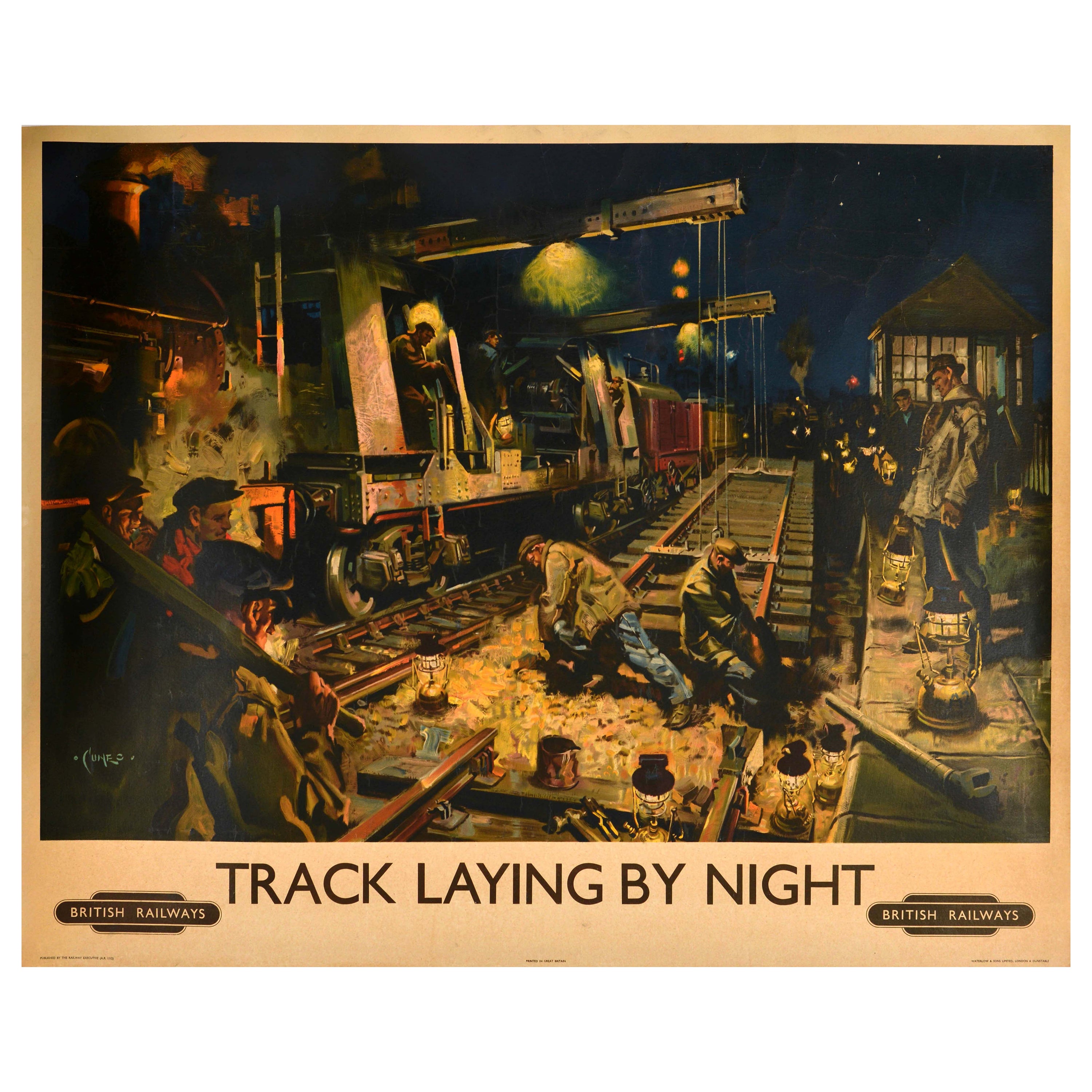 Original Vintage British Railways Poster Track Laying By Night Terence Cuneo For Sale