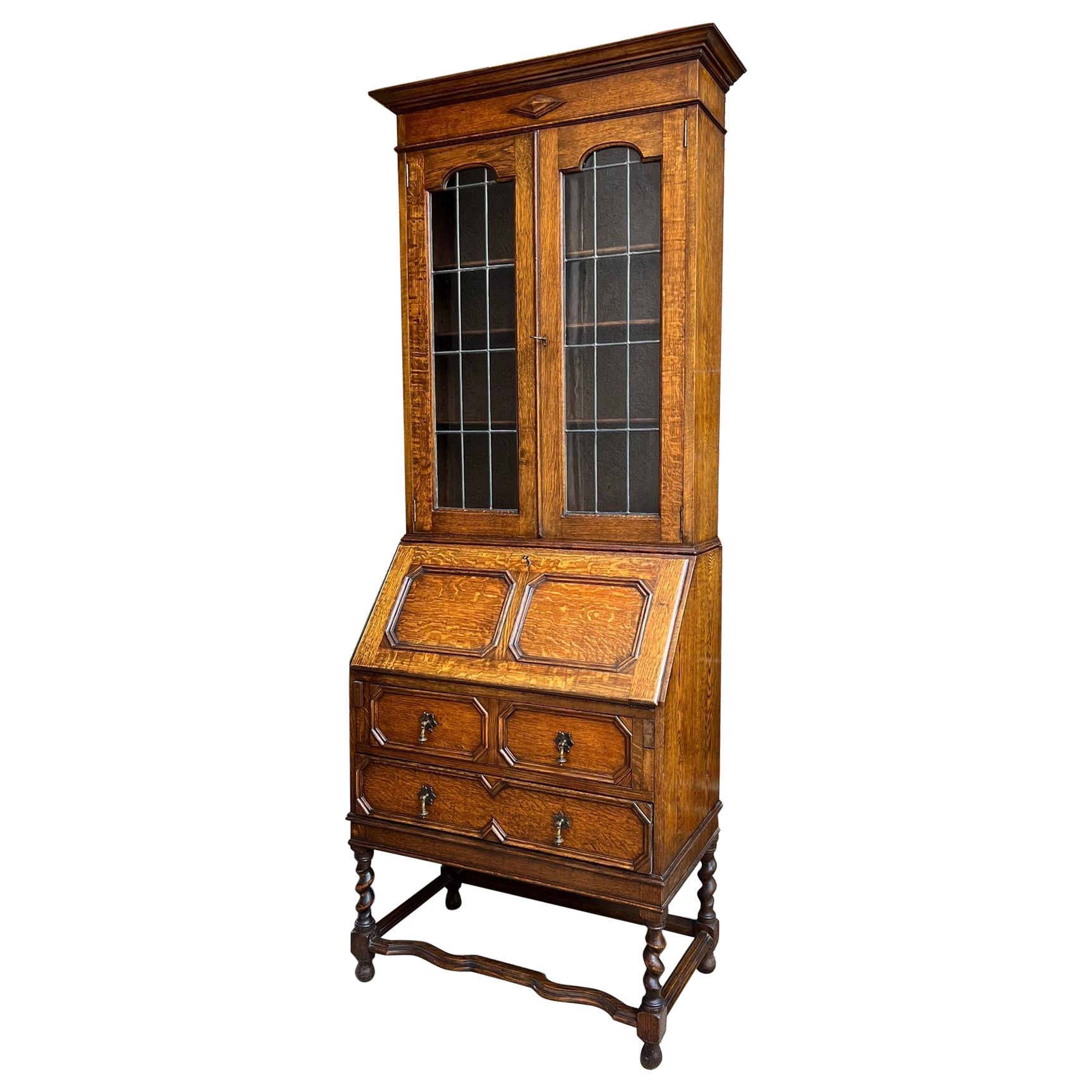 Antique English Secretary Desk Bureau Leaded Glass Bookcase Oak Barley Twist