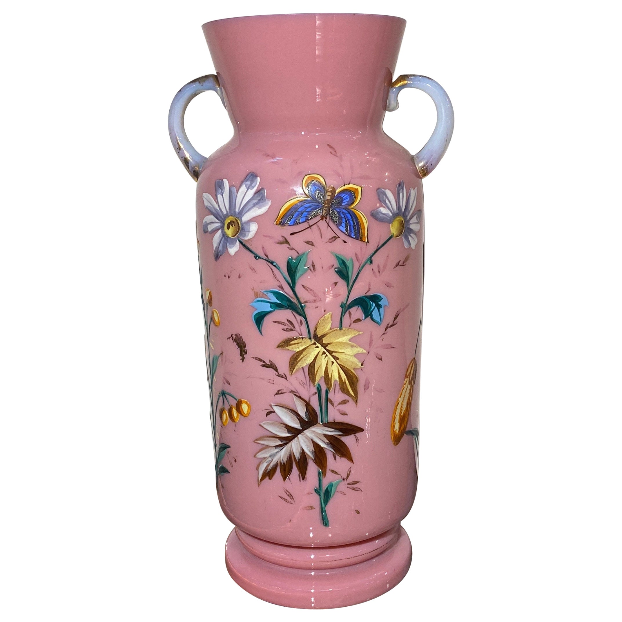 A 19th Century Antique French Pink Opaline Glass and Enamel Vase  For Sale