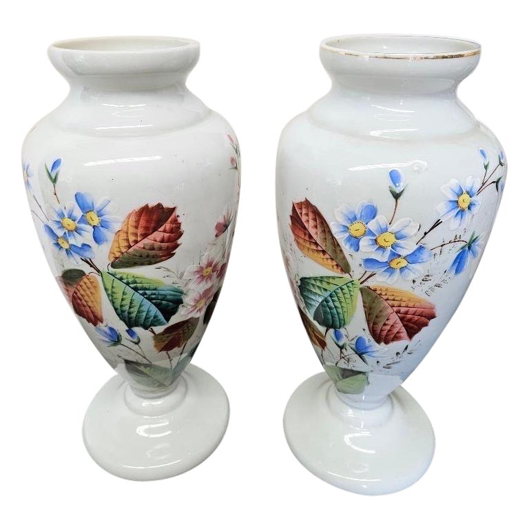 A Pair of 19th Century Hand Painted White Opaline Vases For Sale