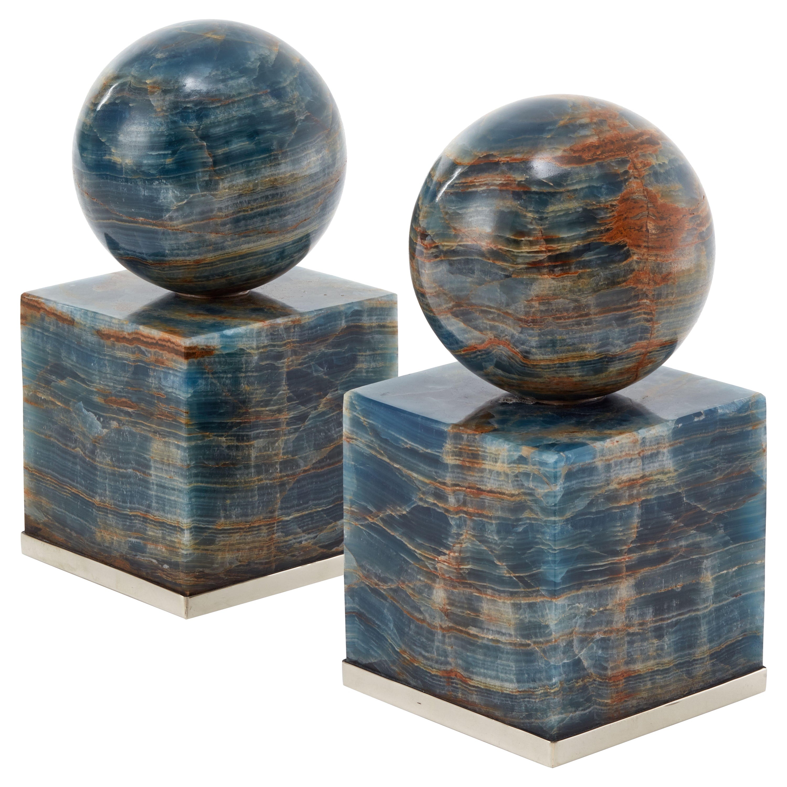 Cuyo Medium Alpaca Silver & Blue  Onyx Stone Pair of Bookends For Sale