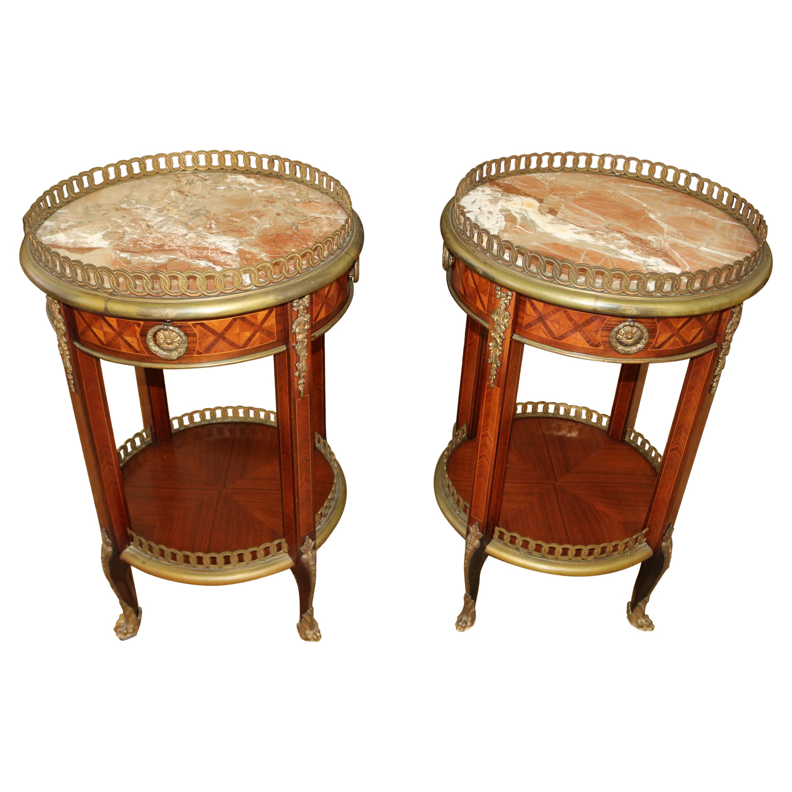 Pair of Louis XV Bronze Mounted Inlaid Marble Top End Table Gueridons For Sale