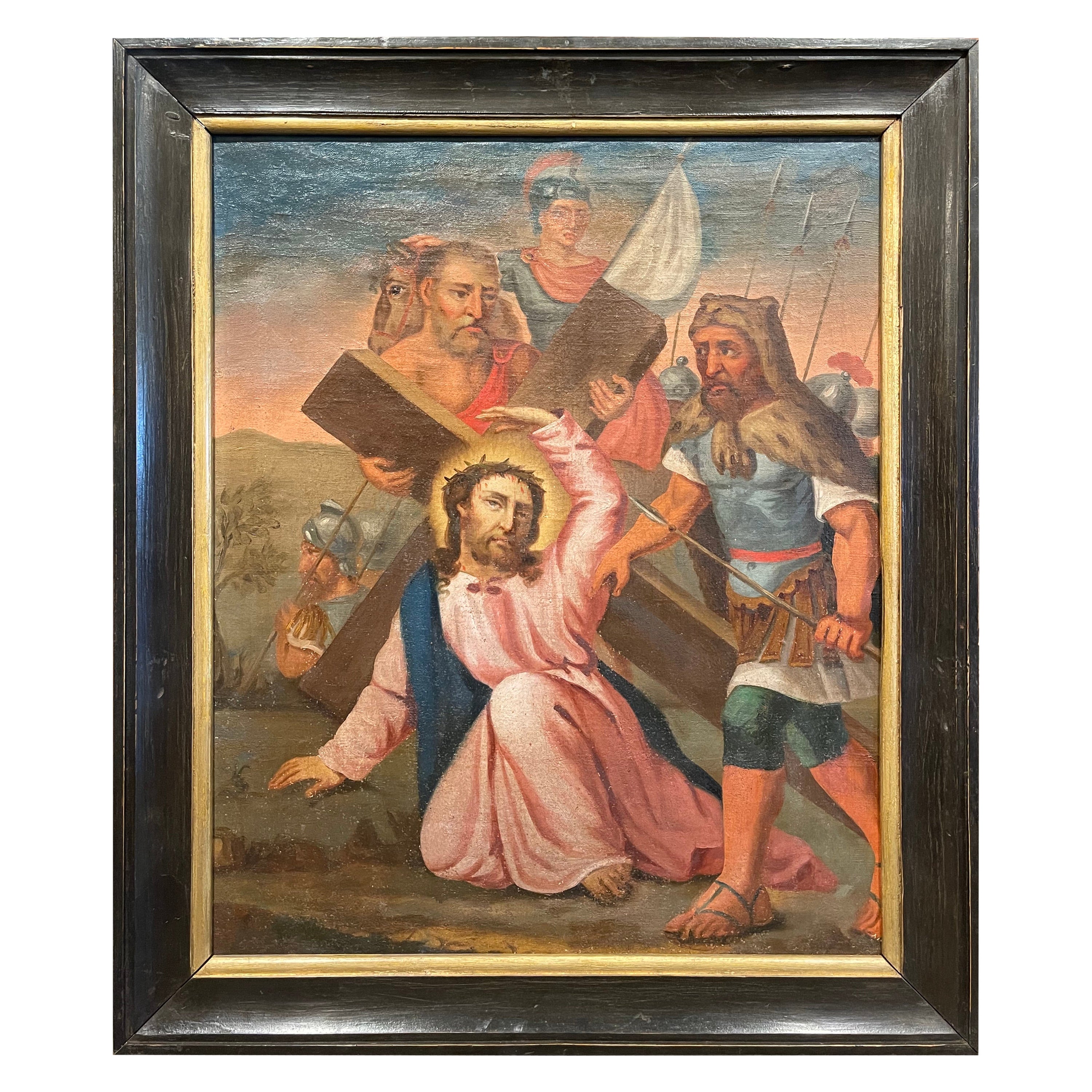 18th Century French Oil on Canvas Painting "Seventh Station of the Cross"    For Sale